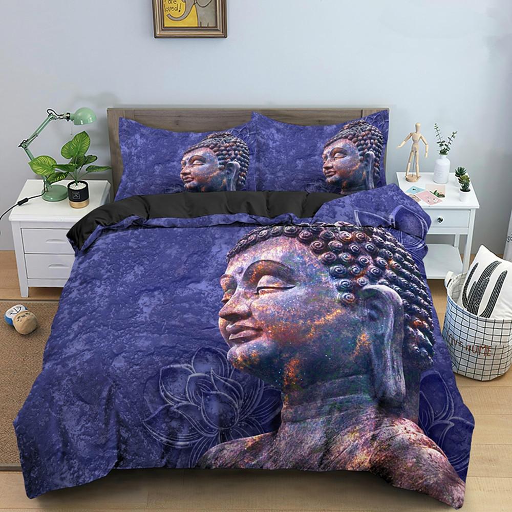Buddha-Bettbezug-Set, Mikrofaser, Buddha-Statue, exotisches ethnisches Bohemian-Bettwäscheset für buddhistische Anhänger, Doppel-, Queen- und King-Size-Größe