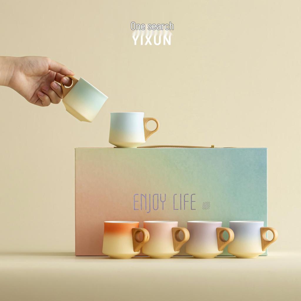 Premium Ceramic Tea Cup Set with Wooden Handles: Elegant Australian White Espresso Cups for Two