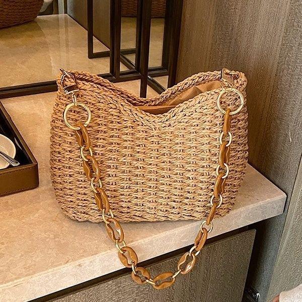 Elegante Borsa da Spiaggia Estiva da Donna in Paglia Intrecciata con Catena - Borsa a Spalla Versatile e alla Moda