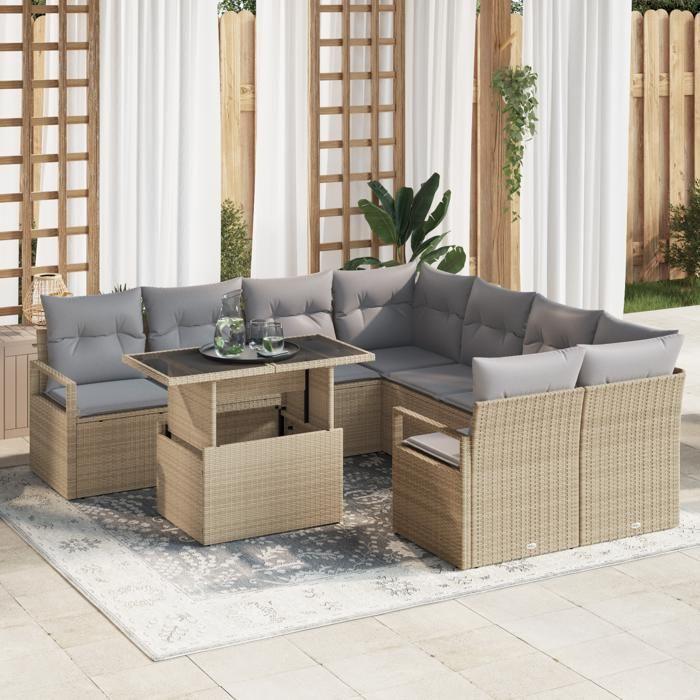 Ensemble de Canapés de Jardin vidaXL 9 Pièces avec Oreillers Beige Poly Rattan, Canapé de Jardin 2 Places vidaXL348796