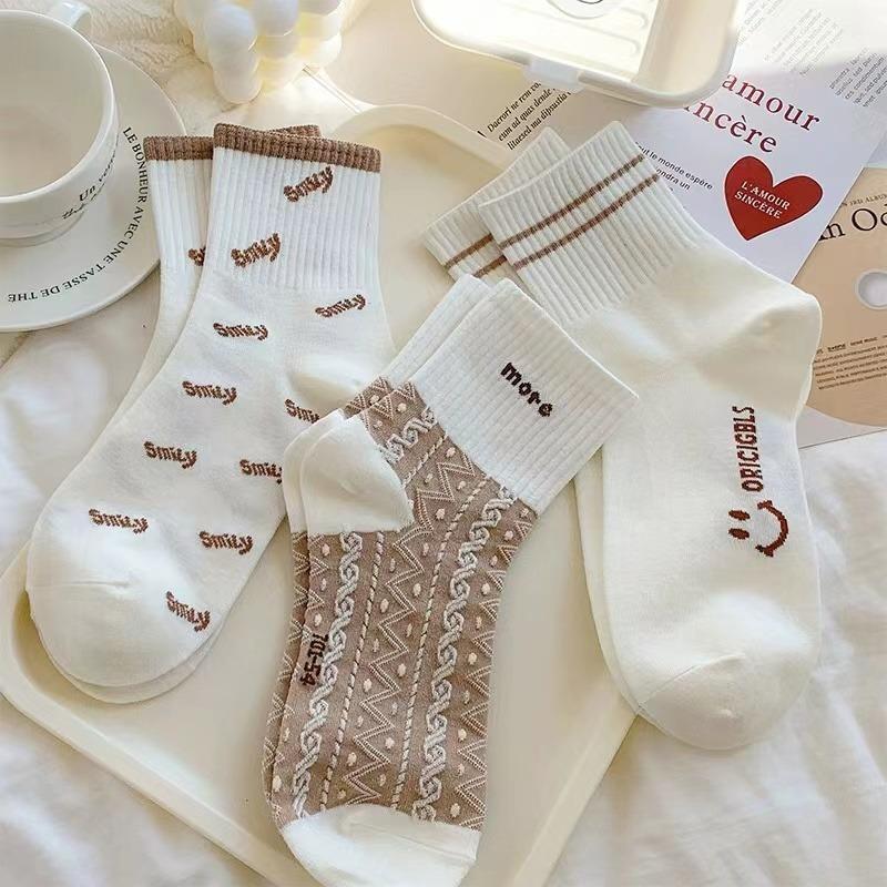 5 pares de lindos calcetines con estampado sonriente, calcetines deportivos cómodos y suaves, medias y calcetería para mujer