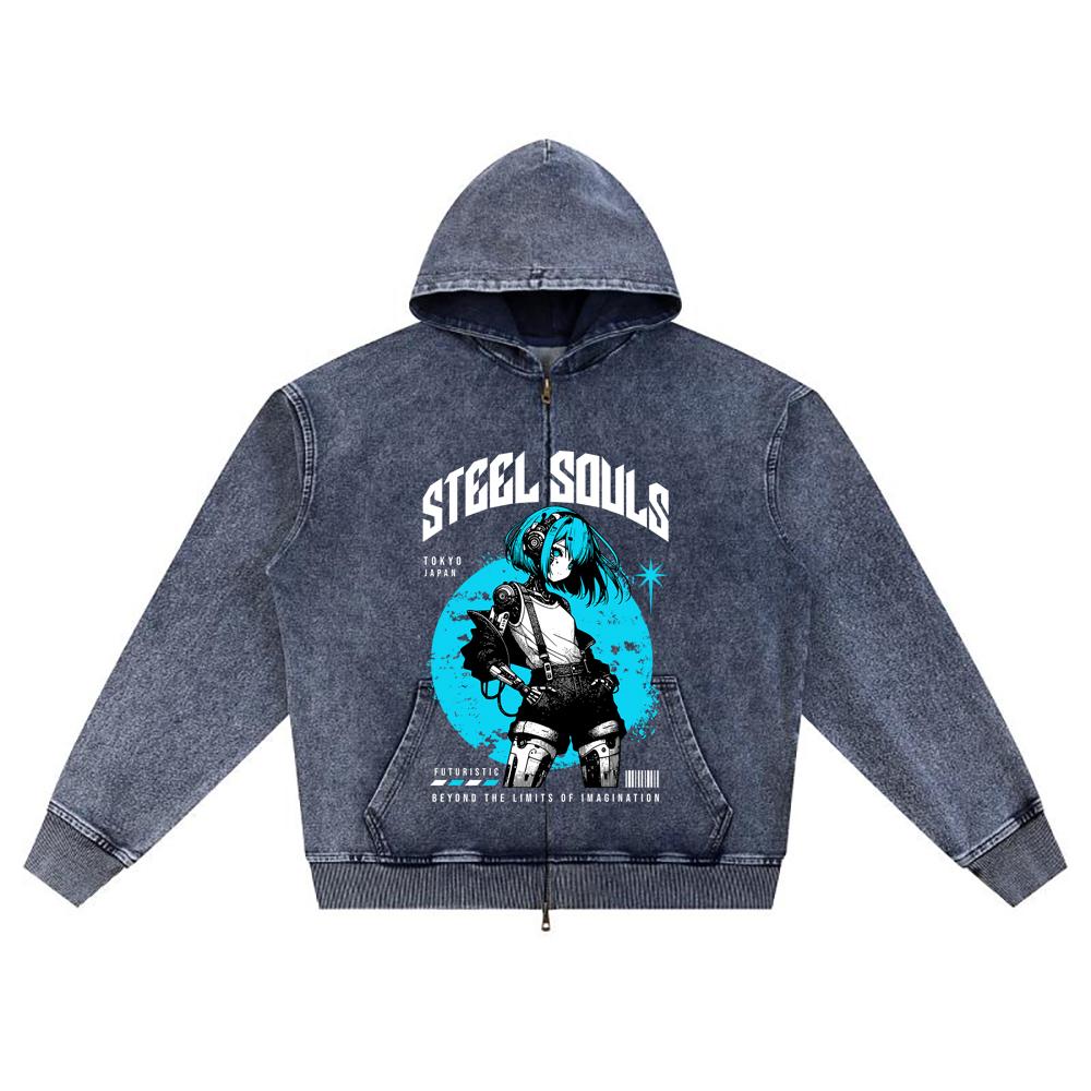 

DTG print Knitted Denim Zip-Up Hoodie Anime girl cyborg Brother Print Zipper Hoodies XL темно-синий