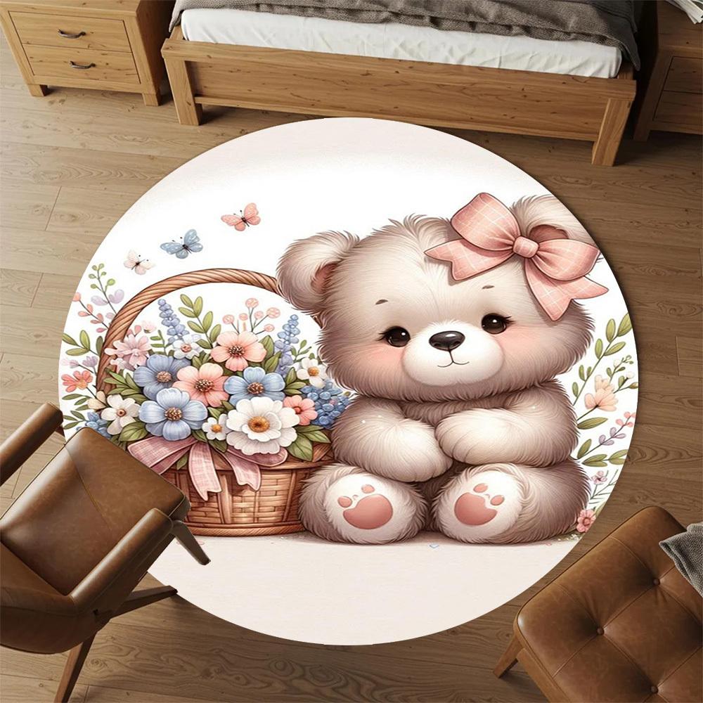 1PC Teddy bear Basket of flowers Bow Round Chair mat Area Rug - Non-Slip, Floor Mat for Office, Bedroom, home decor Christmas Gift c0528052