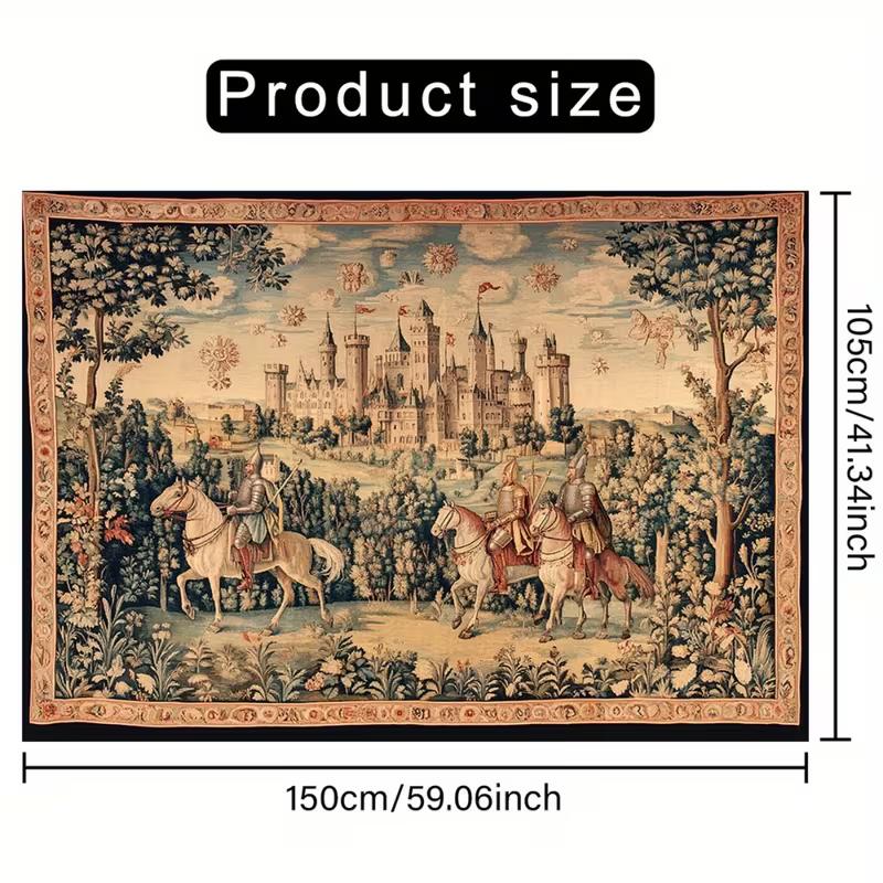 2D Medieval Castle Tapestry Wall Decor with Knights and Scenic Border