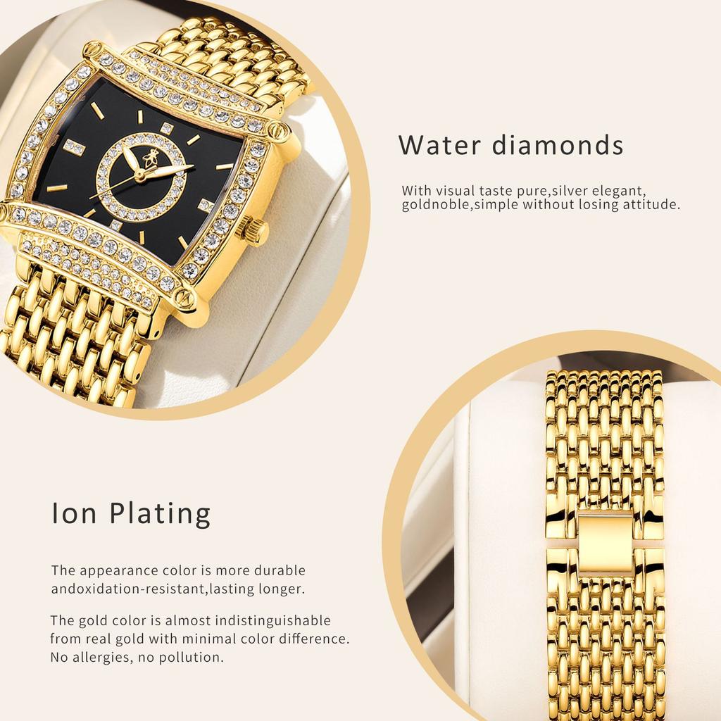 Yalalusi Luxury Gold Diamond Square Disc Women'S Watch Diamond Chain Band Light Luxury Quartz Women'S Watch