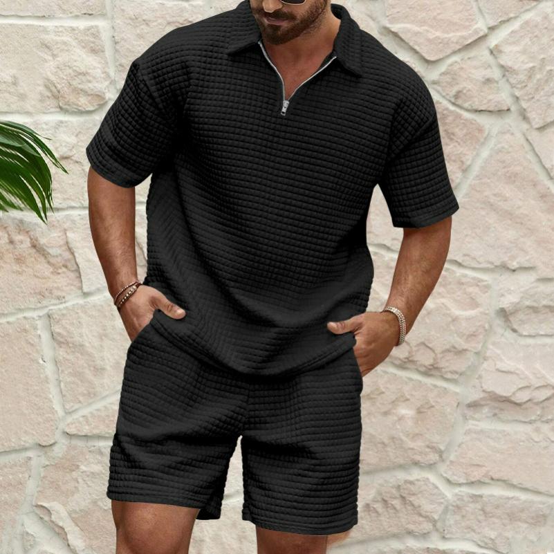 Men's Small Checkered Lapel Polo Shirt Short-sleeved Shorts Casual Sports Suit