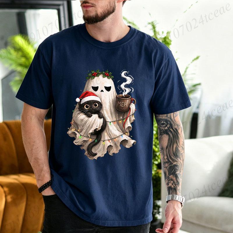 Cotton T-Shirt Spooky Christmas Tshirt Goth Black Cat Christmas Graphic Tee T‑shirt Funny Coffee Cup Tshirts Vintage Gothic Holiday Tops Gifts