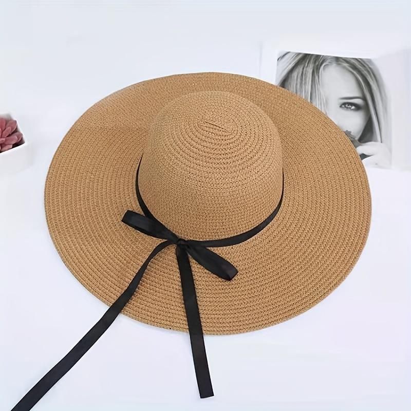 Large Eave Straw Hat for Woman Black Bow Tie Edge Sunscreen Foldable Beach Hat Outdoor Seaside Vacation Fashionable and Elegent