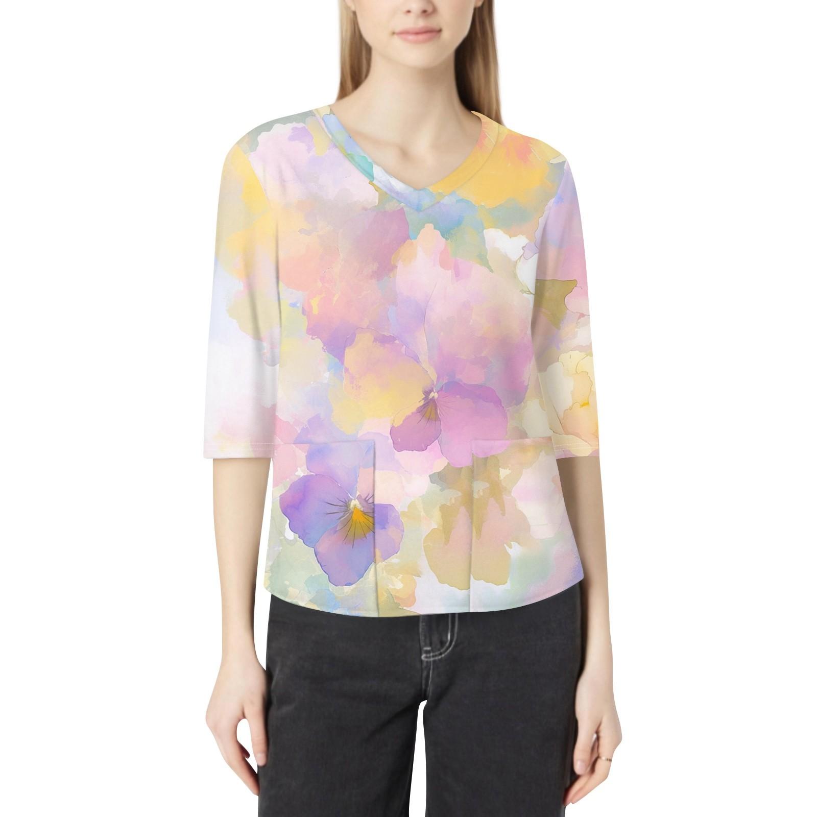 

Модная женская рабочая одежда с v-образным вырезом и рукавами 3/4, свободные топы с карманами и принтом XL