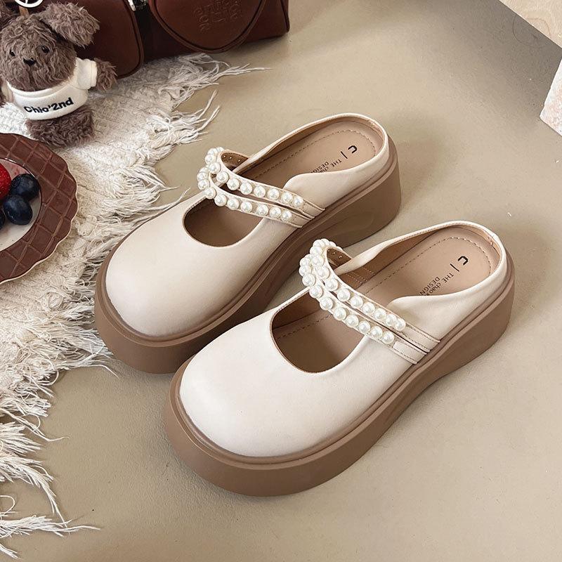 Mary Jane bag head half slippers women's wear 2025 new summer platform pearl half tray French with skirt sandals