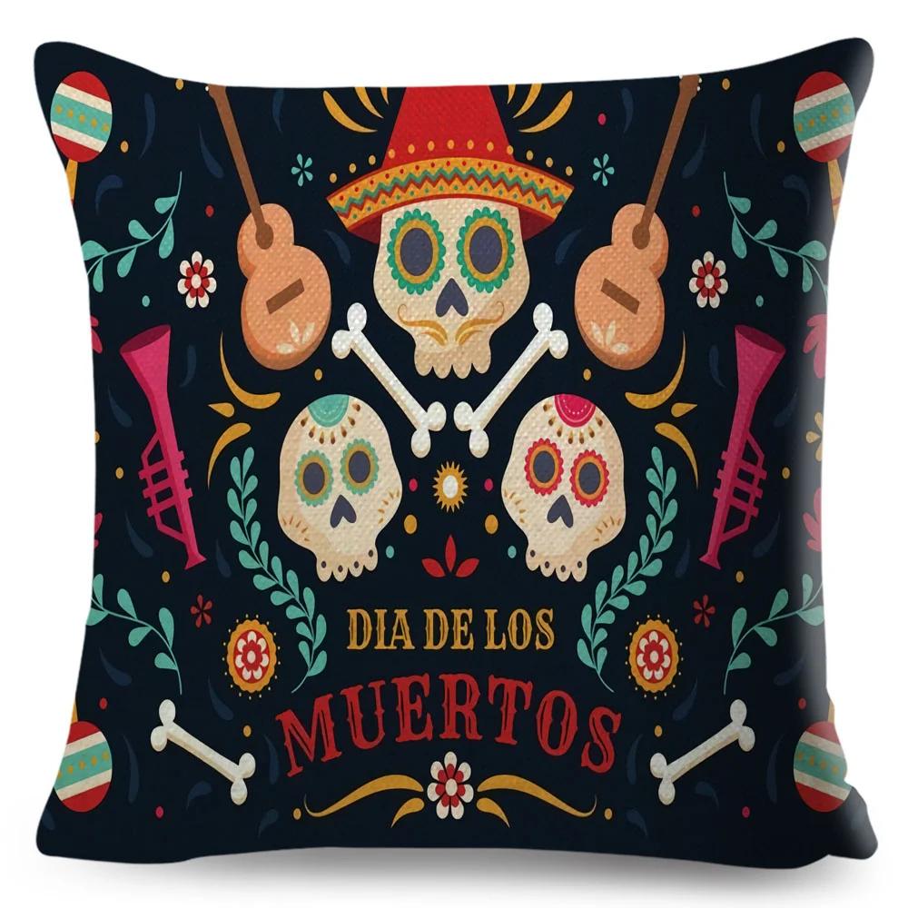 Day Of The Dead Pillowcase Decor Cartoon Mexico Flower Skull Print Cushion Cover for Sofa Home Polyester Pillow Case 45x45cm