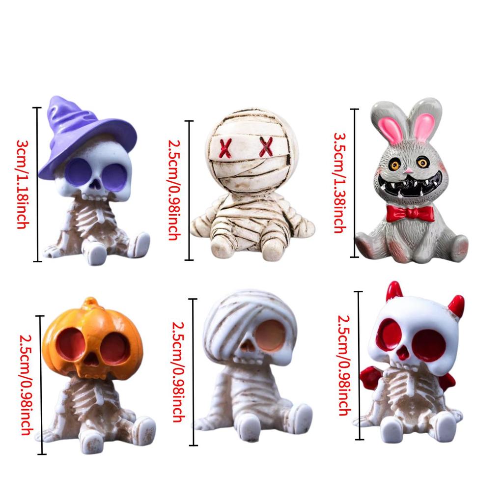 6PCS Halloween Funny Skeleton Mummy Ornaments, Mini Resin Miniature Statues, Halloween Scene Decoration Gifts