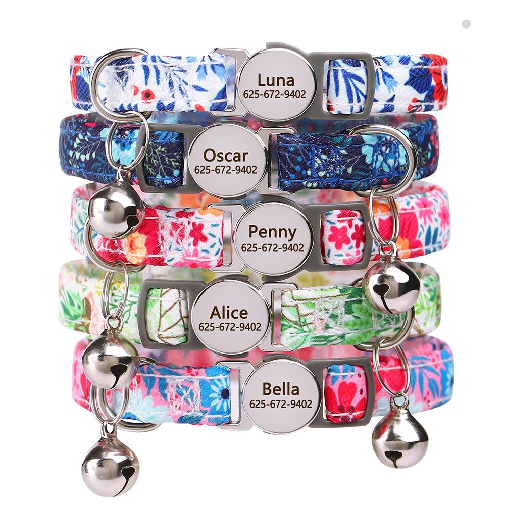 

Personalized Puppy Cat Collar Flower Printed Cat Safety Collars Adjustable Kitten Necklace With Free Engraved ID Nameplate Bell 20-30cm ярко-розовый