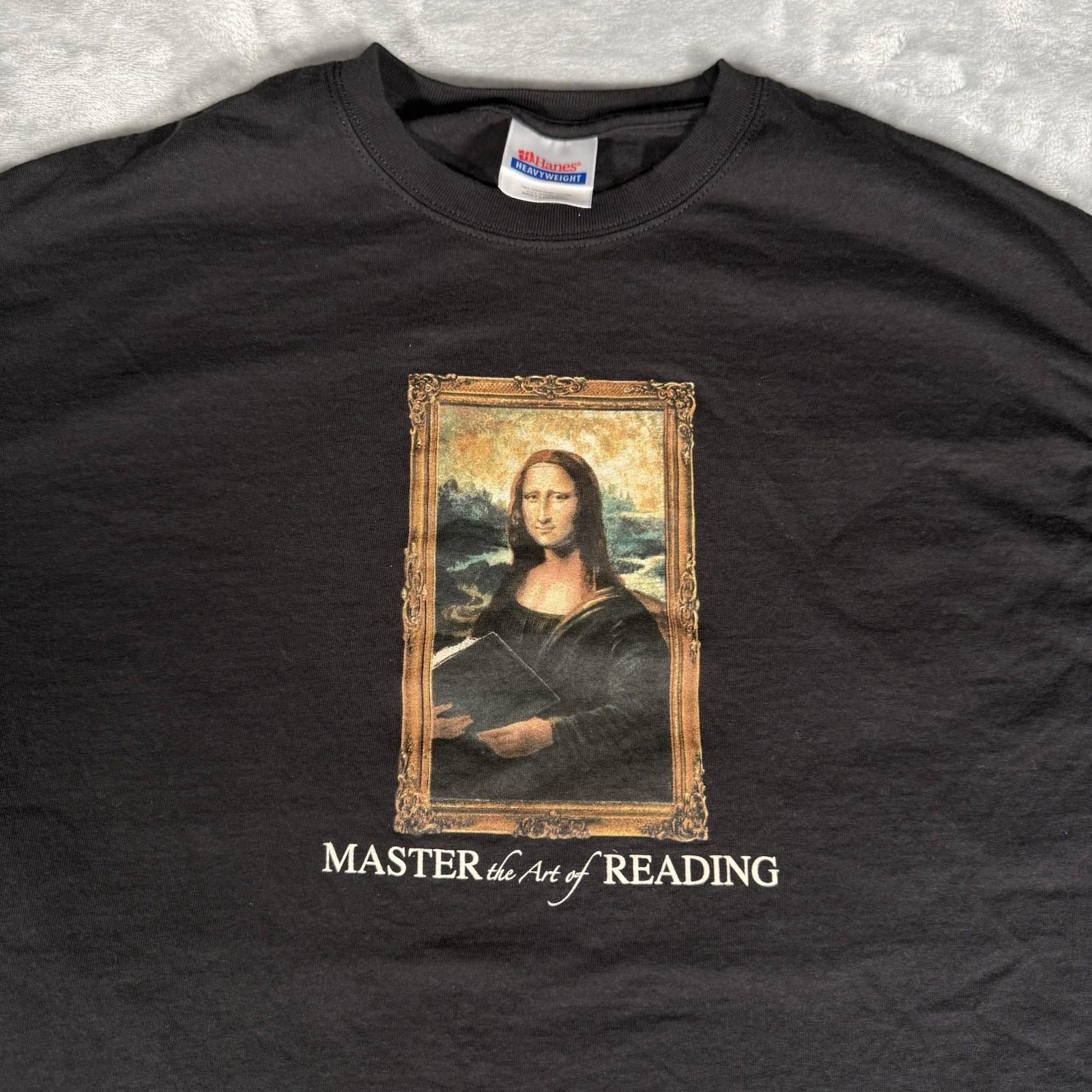 Vintage Mona Lisa Art Of Reading T Mens L Slim Fit Parody Black Y2K Unisex T-Shirt XXL