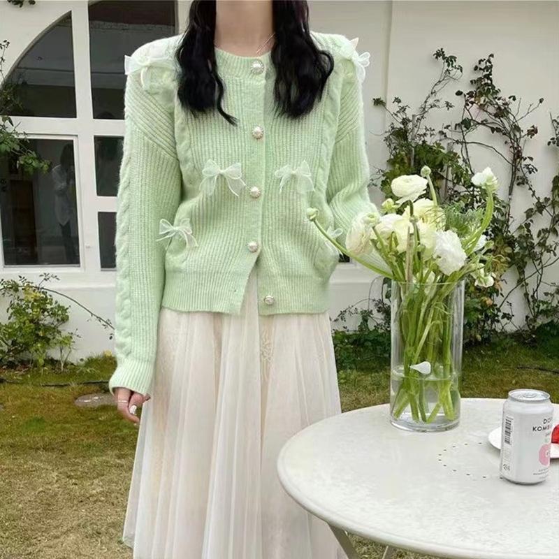 

Осенне-зимний круглый вырез, нежный, сладкий ветер, иностранный стиль, бант, лента, милый женский вязаный кардиган, удобный, универсальный и модный One size зелёный