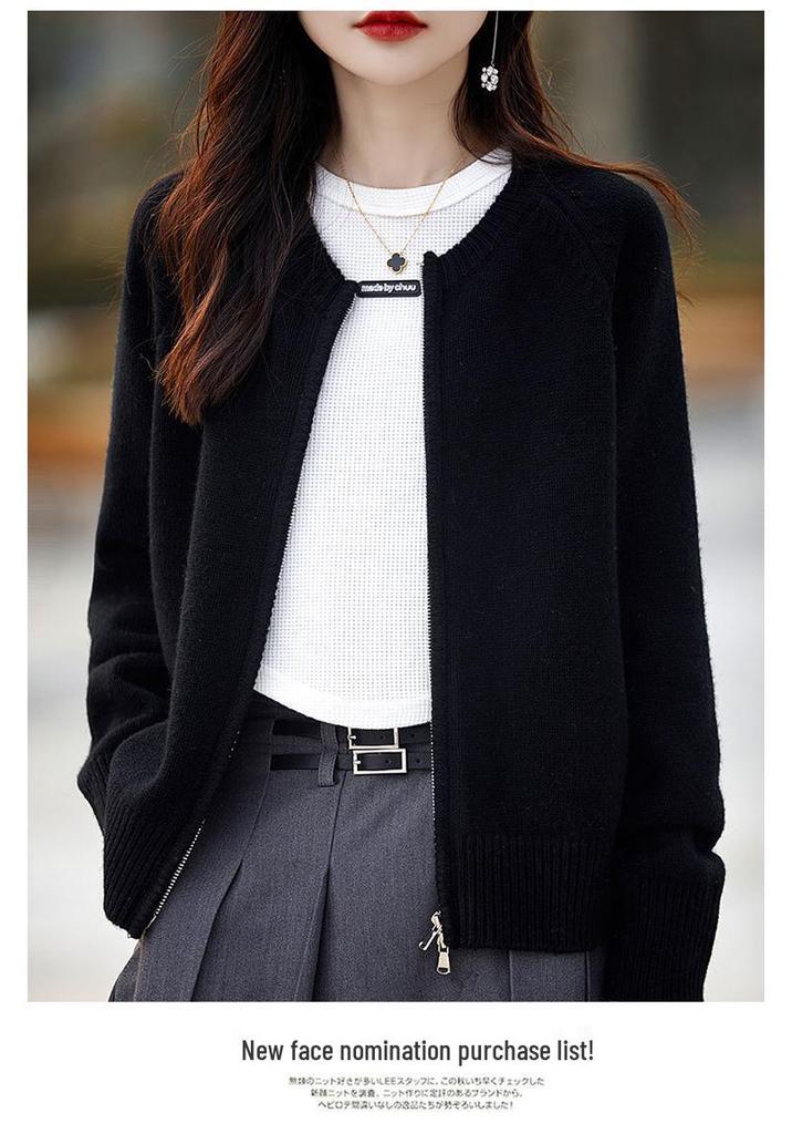 Women's Round Neck Double Zipper Thick Knit Cardigan Sweater, Loose Fit, Japanese Korean Casual Style