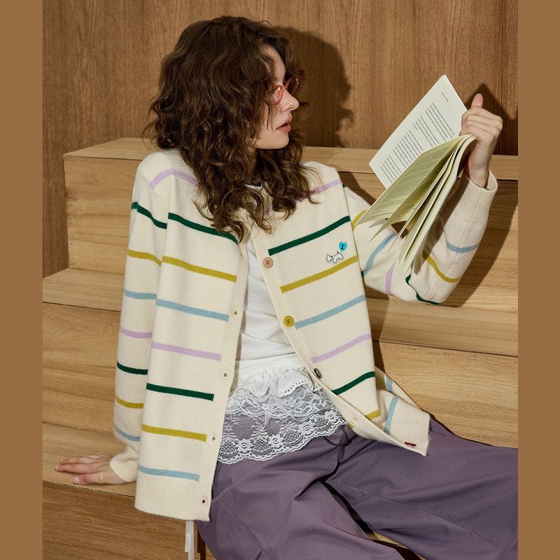 Coolhut2025 Autum Stripesd Pure Color Design Round Neck Knitted Cardigan Sweater Jacket