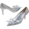 Grey Women's Crystal Wedding Shoes High Heels 2025Autumn New Silver All Diamond Bridal Shoes Water Diamond French Single Shoes