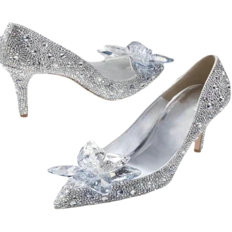 Grey Women's Crystal Wedding Shoes High Heels 2025Autumn New Silver All Diamond Bridal Shoes Water Diamond French Single Shoes