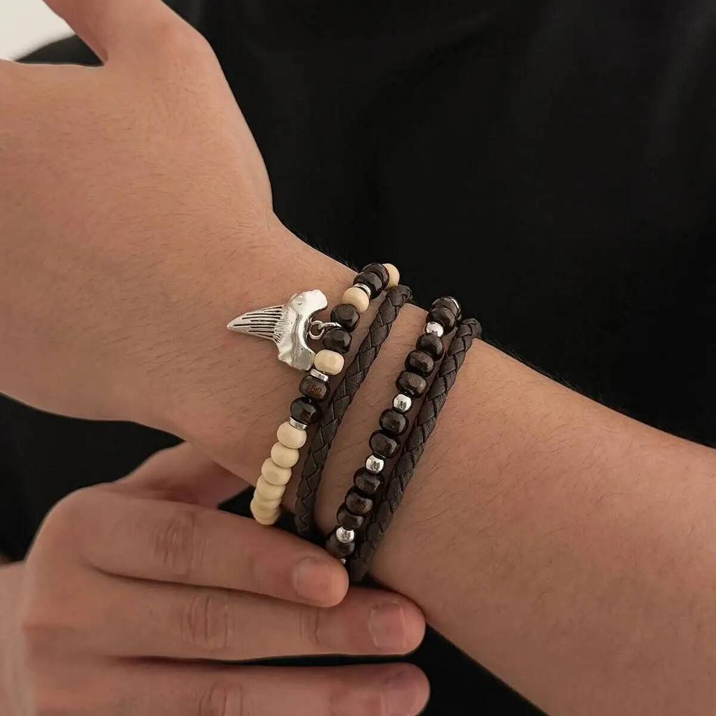 SHIXIN 4Pcs/Set Boho Wooden Bead Coconut Bracelet Men HipHop Multi-layer Stackable Bracelet Retro Jewelry Party Accessories Gift