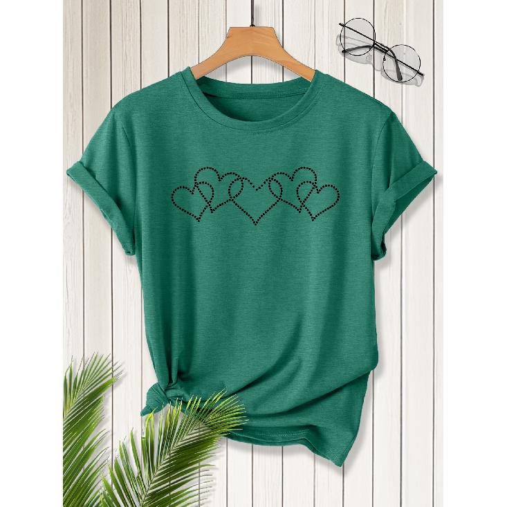 Line-printed pattern short-sleeve vintage-style round neck T Fresh and natural style loose-fitting shirt2026Elegant spring and summer party fashion S темно-зеленого