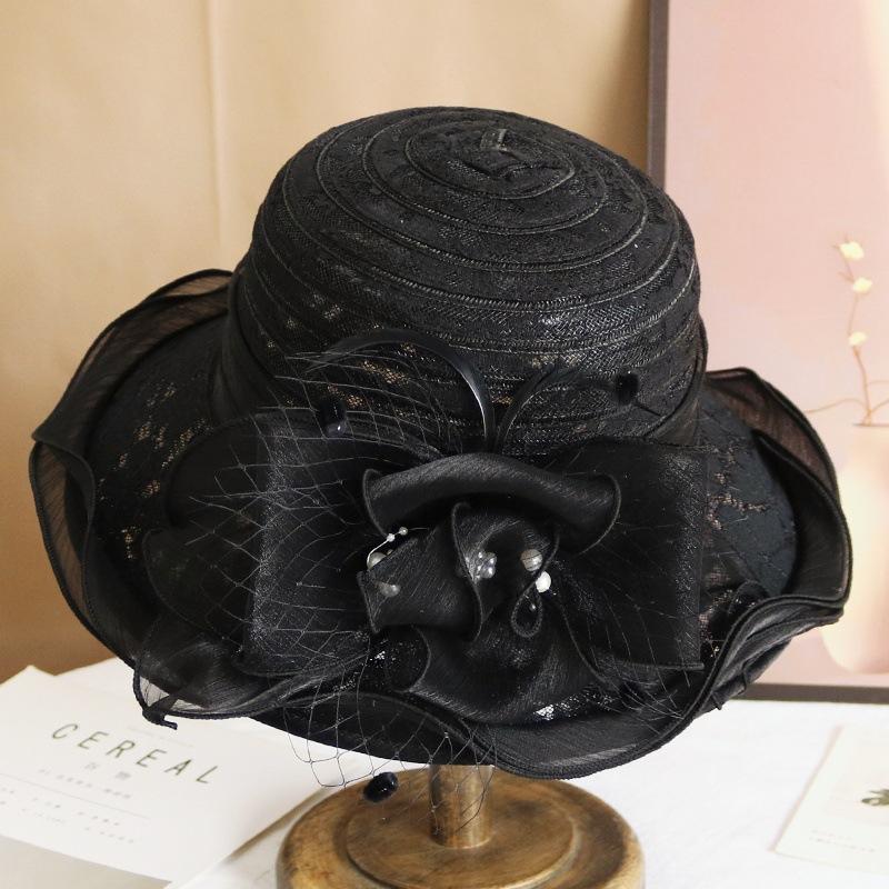 Hat female summer European and American lace breathable sun hat temperament elegant pearl flower bucket hat sun protection sun hat tide