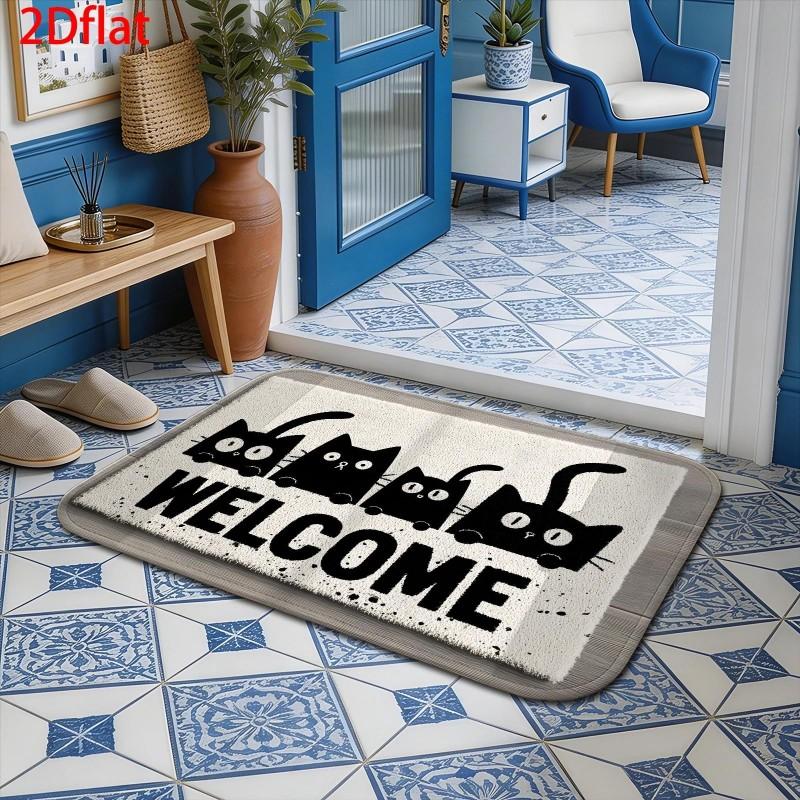 Cute Four Black Cat Welcome Front Door Mat Non Slip Entryway Rug For Indoor Entrance Porch Home Decor