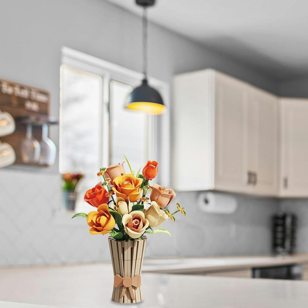 Roses Flower Bouquet Building Set,868 Pcs Artificial Flower Kit,Plant Bonsai Tree Building Blocks,Valentine's Birthday Botanical Adults Friends