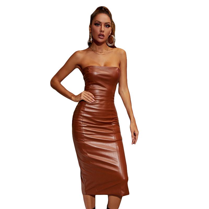 2023 Summer One-Shoulder Sexy Slim PU Slit Dress for Women