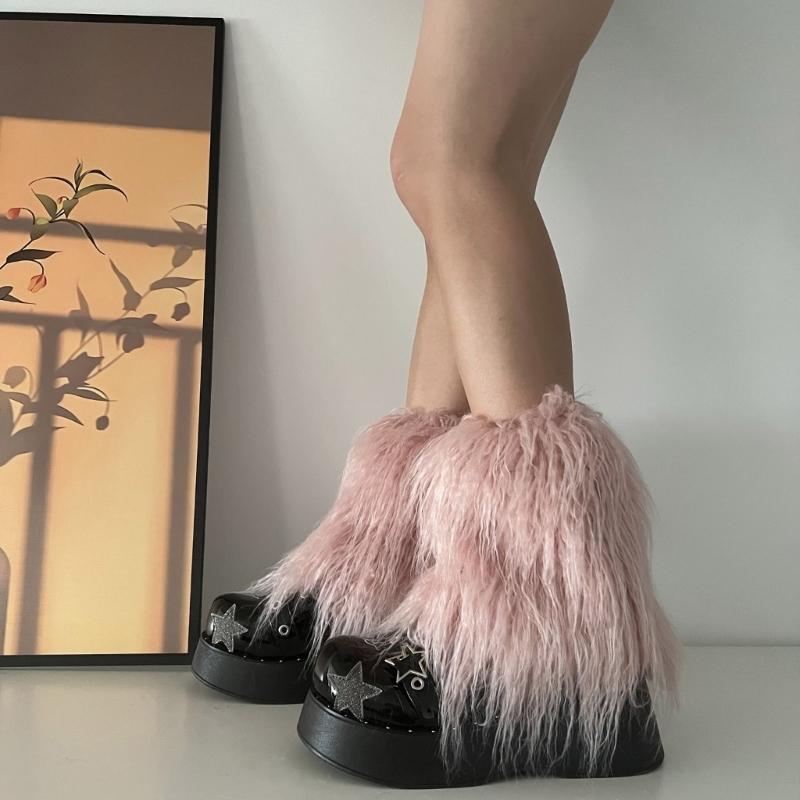 Fuzzy Faux Furs Leg Warmers Furs Heels Long Boots Cuffs Cover Has Elastic One Pair Carnivals Boot Cover Y2K JK Uniform