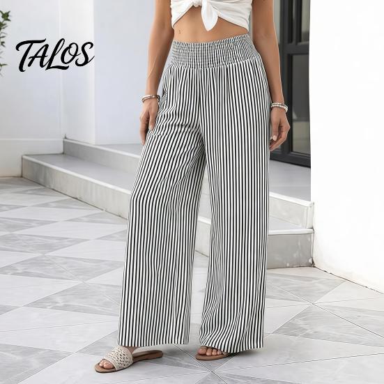 Breathable Loose Trousers Women Striped Wide Leg Pants, Summer Elastic Waist Casual Pants Trousers, Fit Palazzo with Pockets Daily Wear