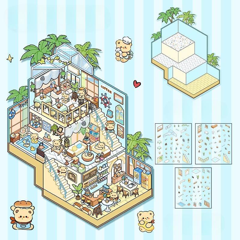 Cartoon Miniature Scene 3D Stickers Retro DIY PET Landscape Stickers Decompression Korean Stationery Scrapbooking Posters