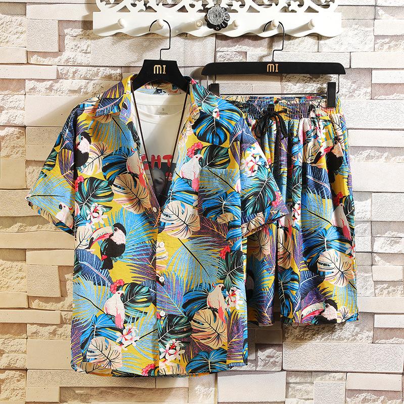 Erkek Set Kısa Kollu Hawaii Gömlek ve Şort Yaz Rahat Çiçek Gömlek Plaj Iki Parçalı Takım Elbise Moda Erkek Setleri