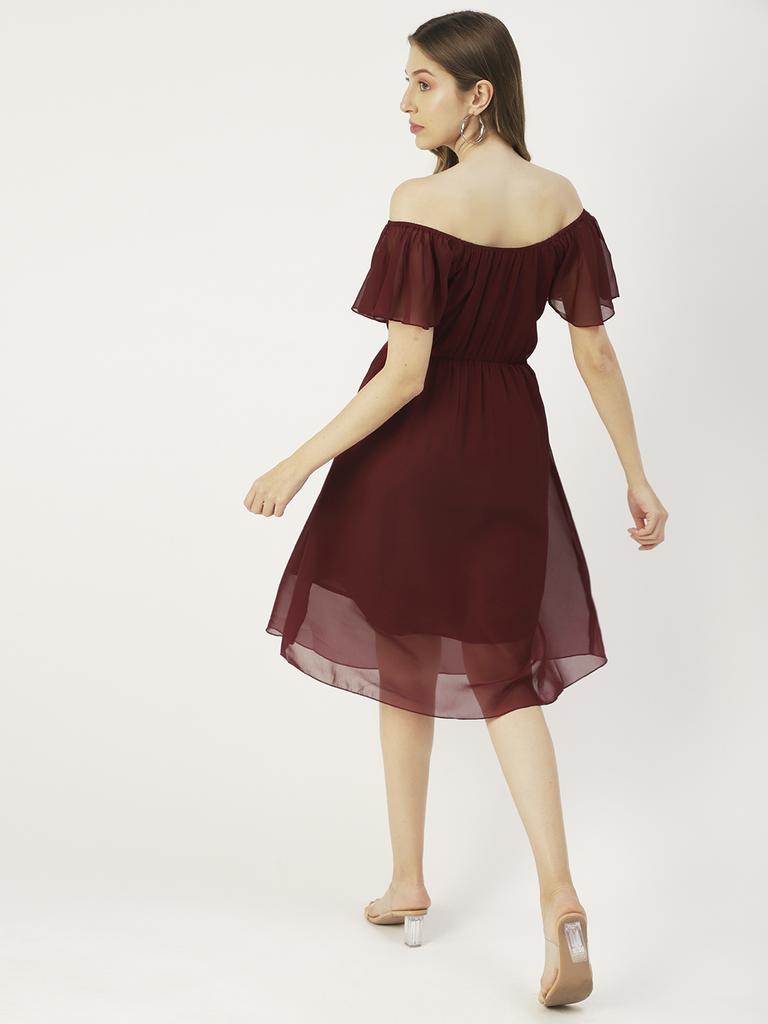 Moomaya Printed Off-Shoulder Poly Georgette Midi Dress Cinched Long Dress