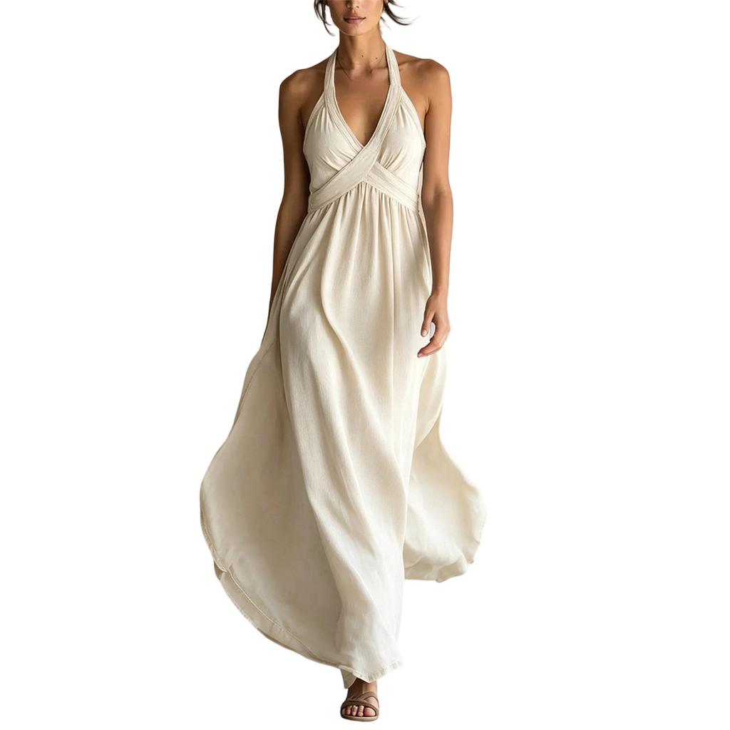 Women Neck Sleeveless Maxi Dress Long Flowy A Line Casual Summer Beachwear Lightweight Fabric Elegant Style