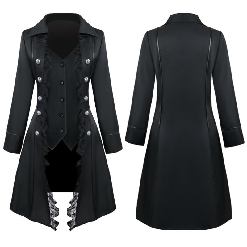 Dámské krajkové lemování Vampire Gothic Dlouhá bunda Smoking Frak Halloween Šaty Frock Coat Steampunk