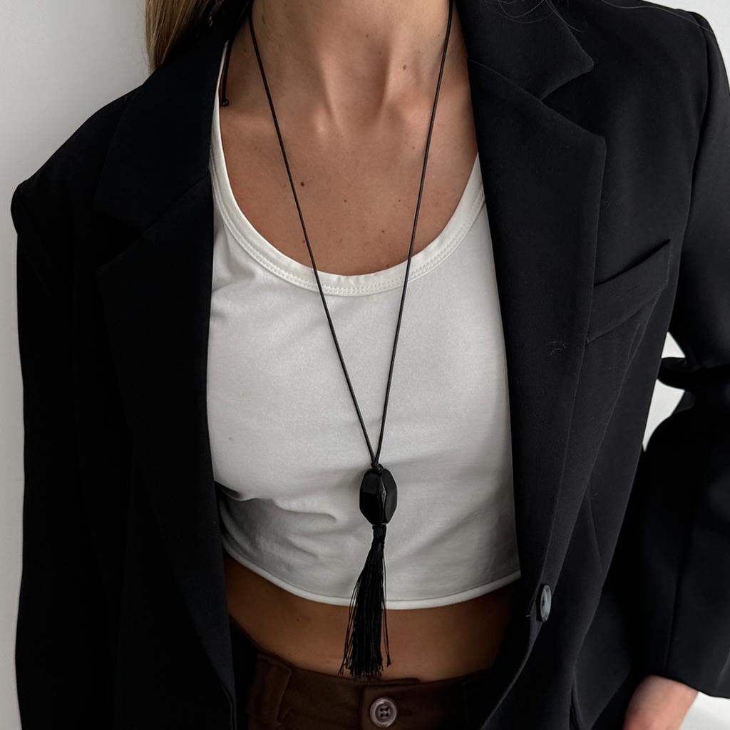 KunJoe Nieuwe Trendy Zwarte Acryl Geometrische Hanger Ketting Dames Eenvoudige Koord Ketting Lange Kwast Trui Ketting Mode Sieraden Cadeau