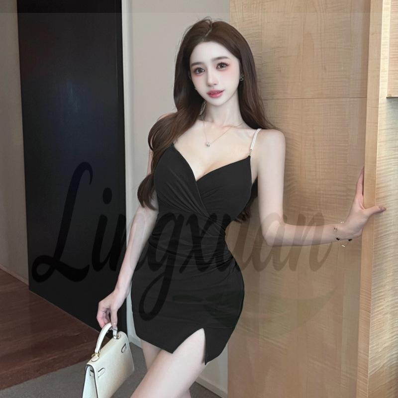 Elegant V-Neck Pearl Strappy Bodycon Dress Large чёрный