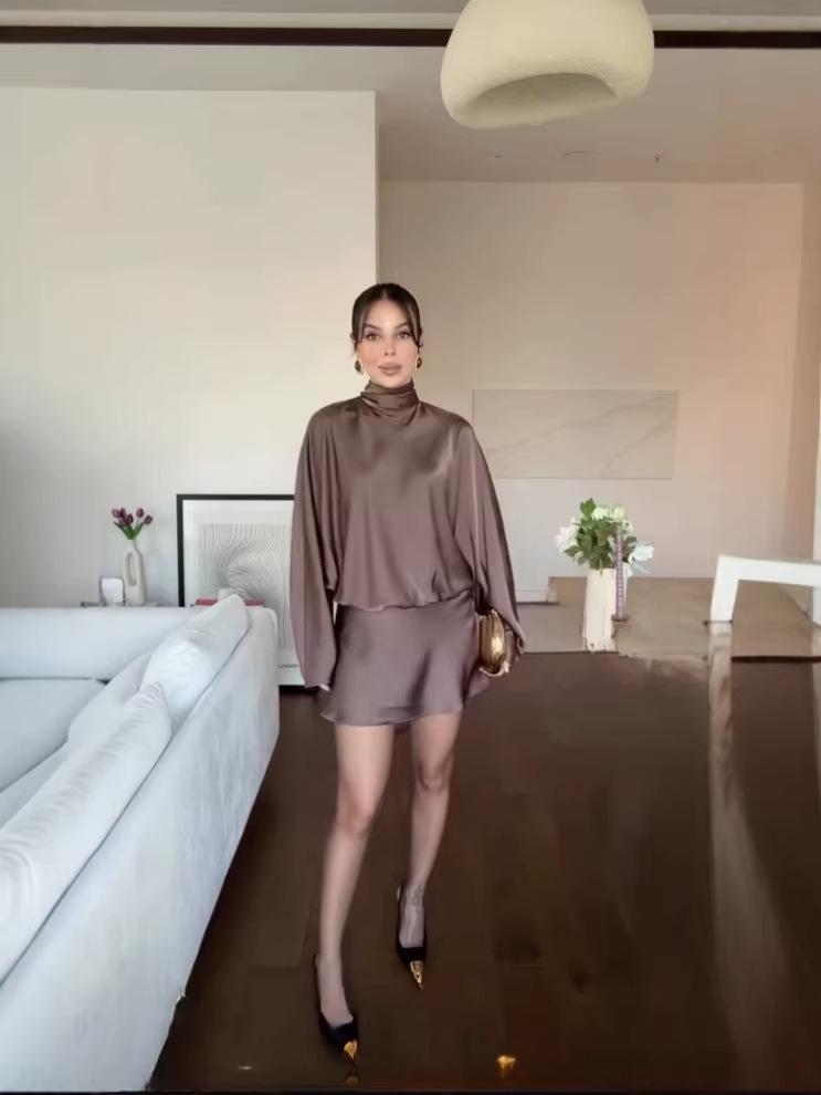 2026 Trendy European & American High Neck, High Waist Satin Long Sleeve Solid Color Short Dress