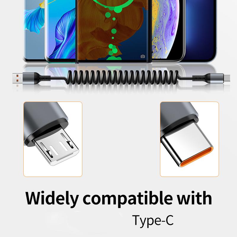 Super Fast Charging 100W 5A Type-C Micro-USB Coiled PVC Jacket Data Cable for Mobile Phone & Earphone IPhone17