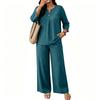 Women's 2-Piece Outfit Set Button Down 3/4 Sleeve Top and Wide Leg Pants Color Casual Matching Set for Everyday Wear