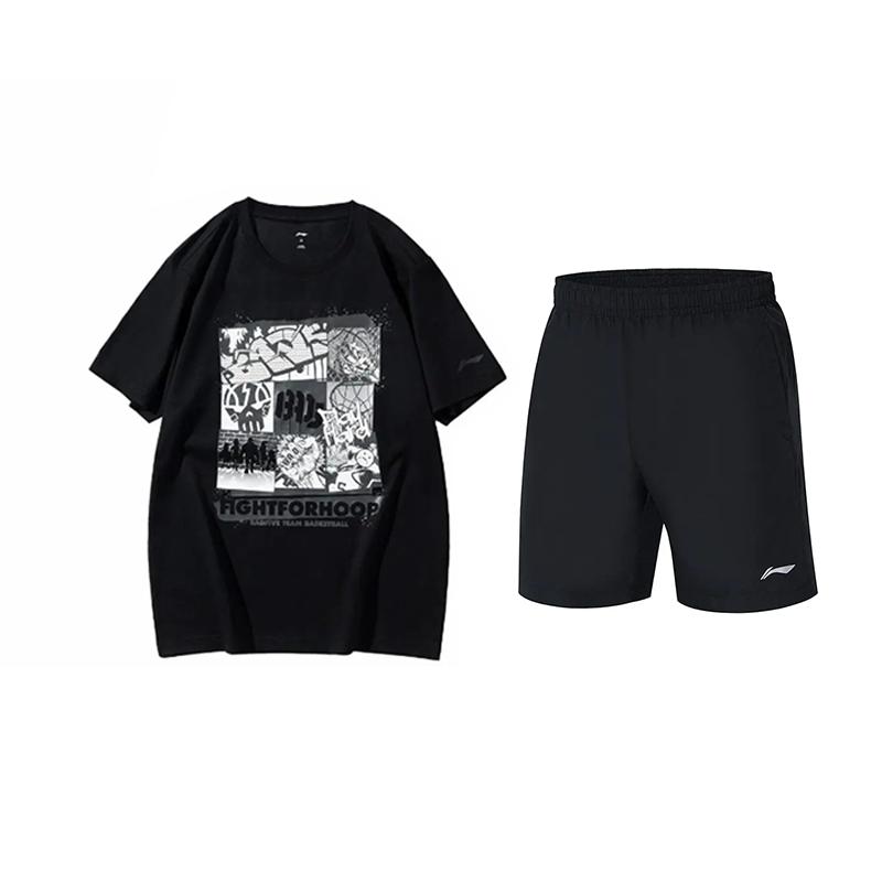 

Li-Ning American Style Loose Round Neck Top Comfortable Versatile Breathable Casual Sports Suit Unisex Tops Black AHSUA27-2+YKST119-1 L