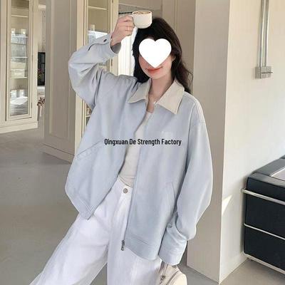 Women's Pink Patchwork Turn-Down Collar Jacket - Retro American Baseball Uniform Style for Spring & Autumn