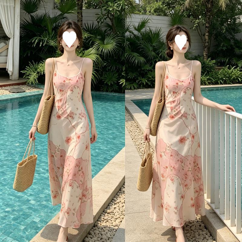 Spring and summer romantic atmosphere splicing printing elastic mesh yarn suspender dress women's trendy new holiday style