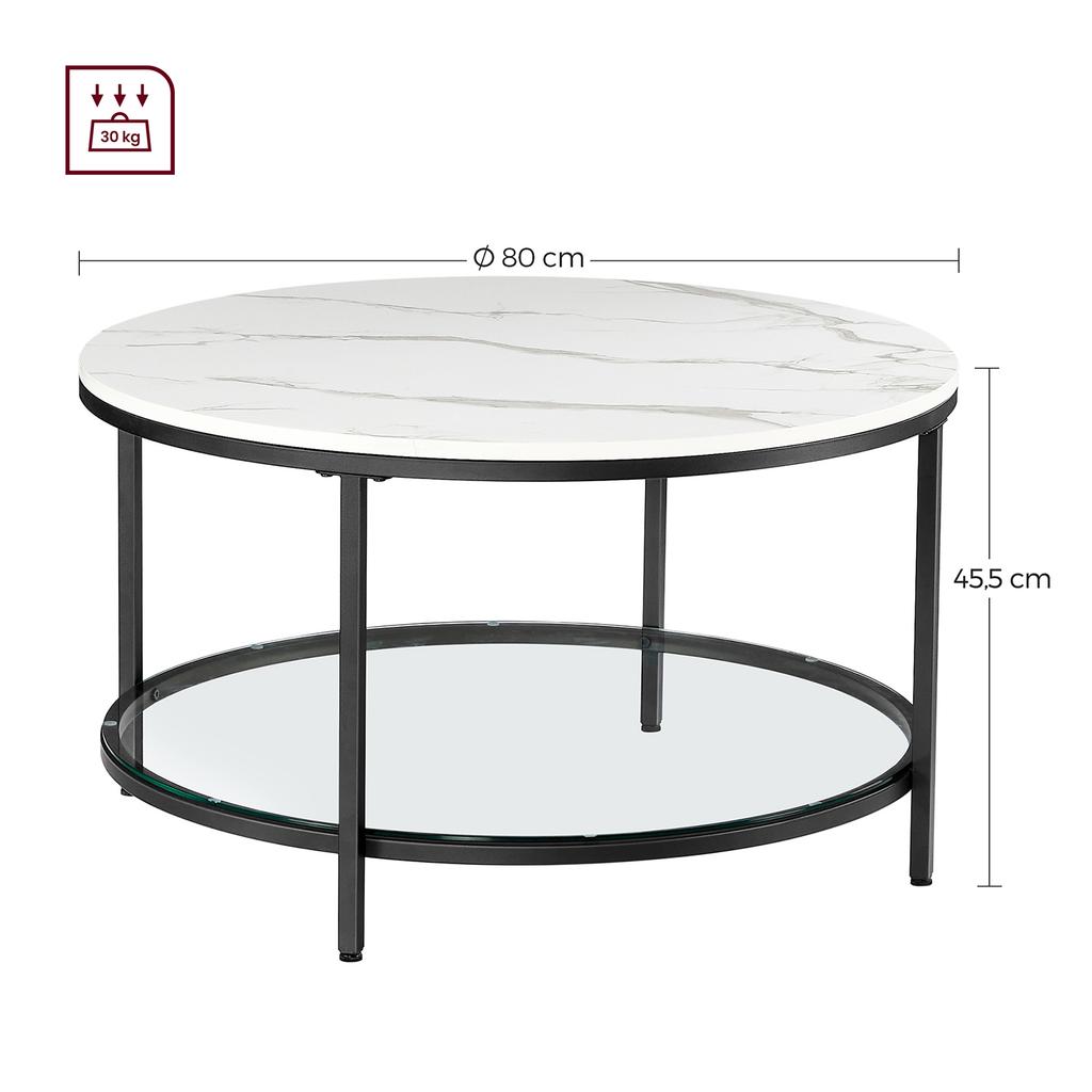 VASAGLE LCT071B13 Coffee Table, Living Room Table, Sofa Table, with Glass Top, Large Storage Space, Easy Assembly, Modern Style, White Marble Effect