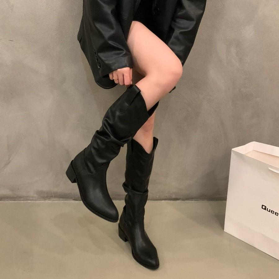 Vintage brown V-mouth stack medium tube boots women's shoes 2025 spring and autumn winter pointed western cowboy boots