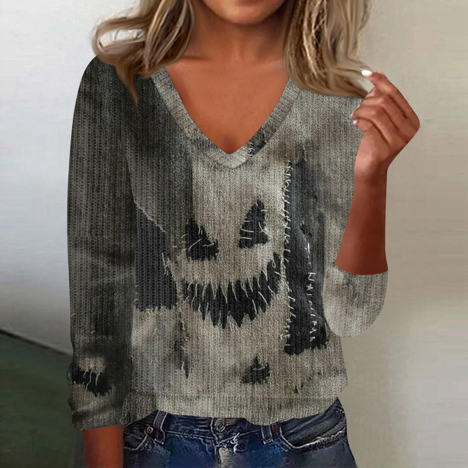 

Женский милый свитер вязаный модный повседневный с V-образным вырезом длинным рукавом уютный с принтом топ XL