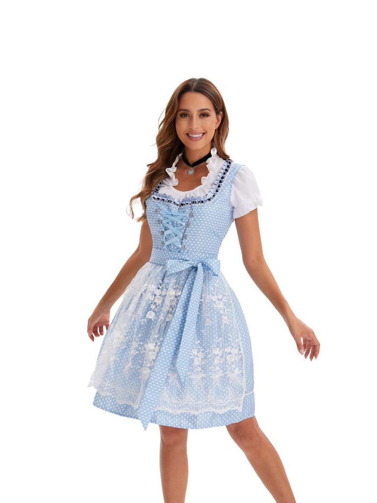 Large German Munich Oktoberfest Maid Dress - Short-Sleeved Beer Print for Stage Performance In Stock