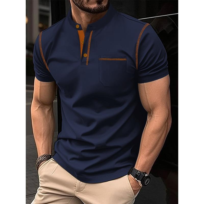 Herren Sommer Button-Down Poloshirt: einfarbig, kurzärmelig, mit Kragen, horizontal gestreift, lässig, schmal geschnittenes Oberteil
