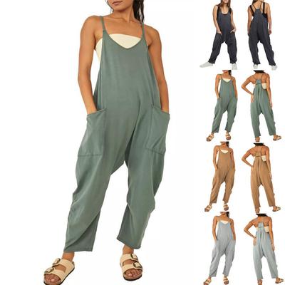 Women's Summer Jumpsuit V-Neck Overalls Spaghetti Strap Wide Leg Long Pants Loose Playsuit Trousers with Pockets